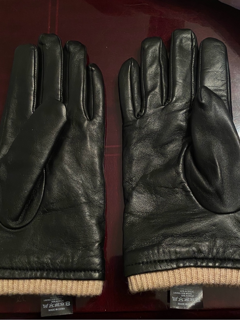 Men's Black Leather Gloves with Knit Cuffs